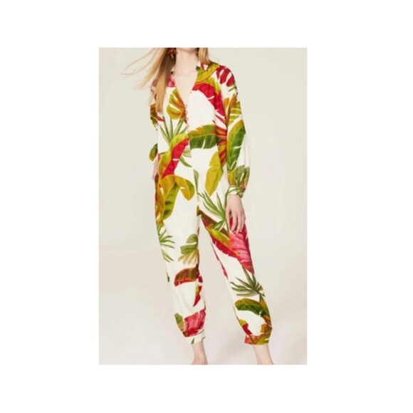 Farm Rio Maxi Jumpsuit Size M Tropical Leaf Print Button Front Boho Resort $225 - Picture 1 of 14